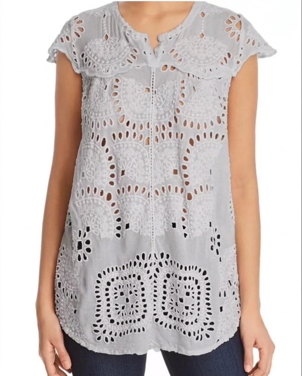 Johnny Was Blouse Marietta Cap Sleeve Gray Eyelet Lace